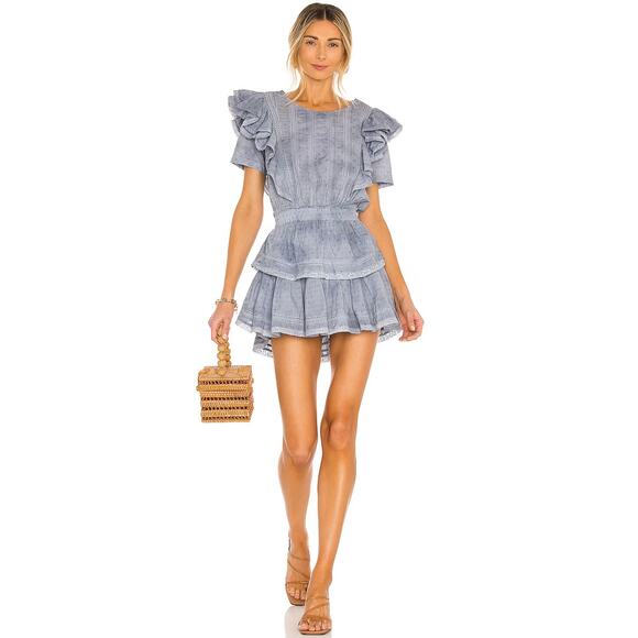 LoveShackFancy Natasha Heritage Mini Dress L Washed Denim Blue Ruffle Lace EUC - Picture 6 of 15